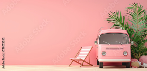 Small pink hippie minivan on a summer day with a sunbathing chair. Summer holiday concept at sea or ocean with copyspace