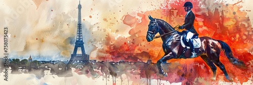 watercolor illustration, the Summer Olympic Games in Paris, equestrian sports, a man riding a horse against the background of the Eiffel Tower and a panorama of the sights of Paris