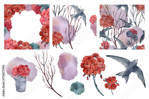 Set of cards and isolated objects with birds, tree branches and geranium flowers. Hand painted with watercolors. For packaging design, printing, postcards, stationery. 
