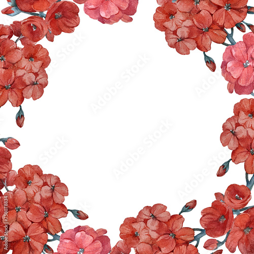 Frame with red geranium flowers. Template for cards with hand drawn watercolor illustration. For printing design, packaging.