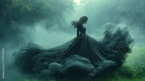Woman in Long Black Dress in Forest