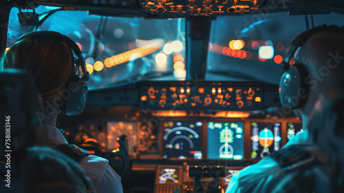 Two pilots are seen from behind as they operate the complex controls of a commercial airplane cockpit during a night flight