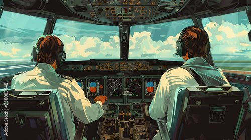 Illustration of two pilots operating the cockpit controls in a commercial airplane during a daytime flight, with a clear sky ahead