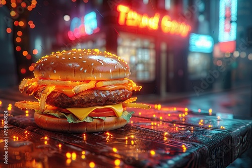 In the glow of a 3D neon skyline fast food icons shimmer