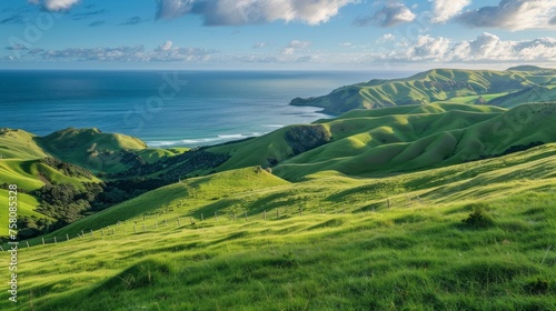 Dyllic coastal landscape: rolling green hills by the sea in dunedin, nz