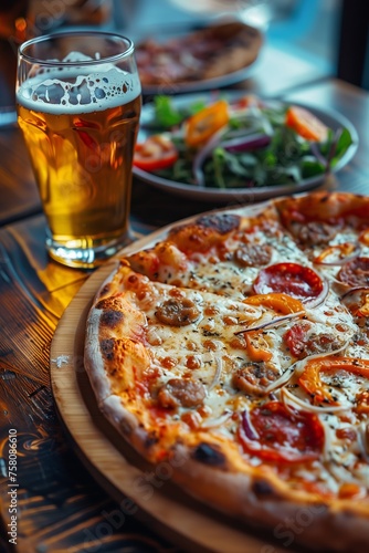 A modern rustic photo of a pizza with pepperoni, sausage, peppers, onions, served with a salad and a draft beer.