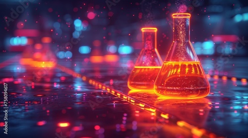 Science and chemistry concept. Digital lab background featuring neon-colored liquid, test tubes, or beakers against a dark background. Modern illustration.