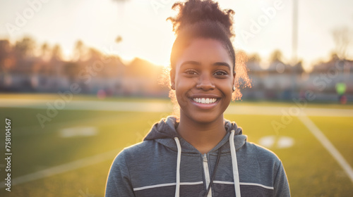 Mulher sorrindo em um campo de futebol 