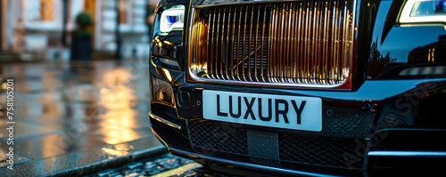Close-up of a high-end car grille with LUXURY license plate, showcasing opulence, elegance, and the lavish lifestyle associated with premium automobiles