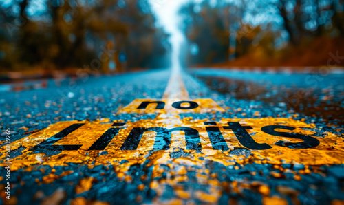 Bold no limits text painted on a highway road surface, symbolizing boundless potential, motivation, and the journey towards personal goals