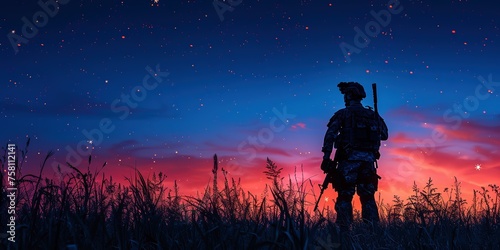 Silhouette of military sniper with sniper gun at dark toned foggy background. shot, holding gun, colorful sky, background.