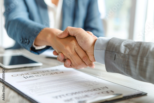 significance of a contractual agreement in business, with the document while a businesswoman and man finalize the deal with a handshake in the background,