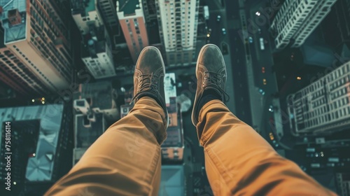Person Standing on Edge of Tall Building, Expressing Fear and Anxiety While Looking Down, Illustrating the Concept of Acrophobia