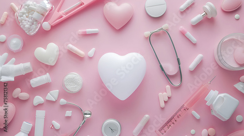 Stethoscope, heart and pills on color background. Cardiology concept, Modern stethoscope and hearts on color background