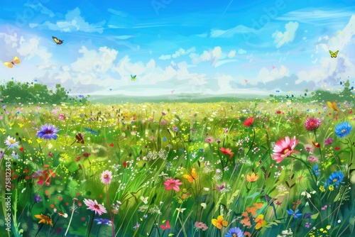 A field of flowers with butterflies flying around