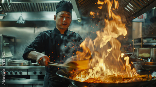 A chef masterly flips contents in a flaming pan against the backdrop of a bustling commercial kitchen, evoking culinary passion
