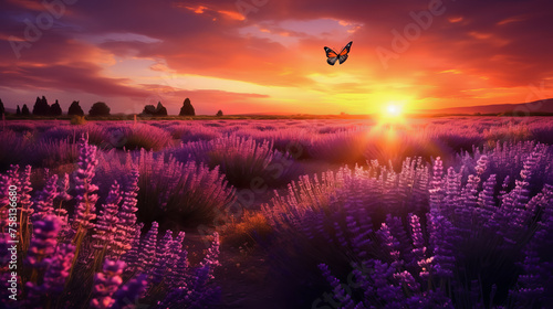 Beautiful landscape sunset field with lavender flowers.