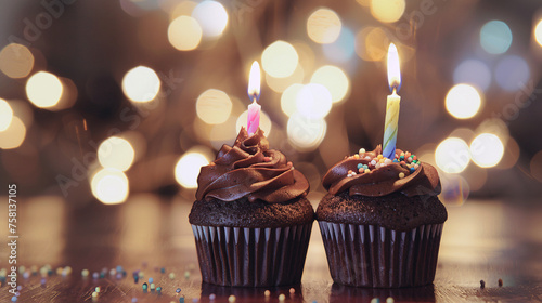 Dos magdalenas de chocolate decoradas con una vela en primer plano para celebrar fiesta de cumpleaños. 