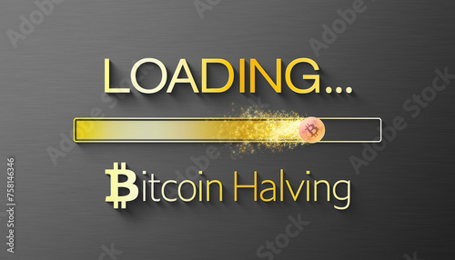 Illustration of a loading bar for Bitcoin halving - BTC crypto coin cracked in two. Reward for Bitcoin cryptocurrency mining is cut in half in 2024 concept.
