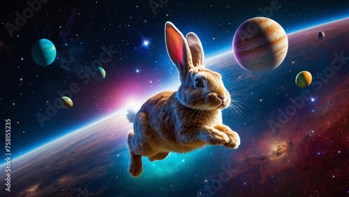 Easter bunny flying in space against the backdrop of the universe, colorful eggs, planets and stars