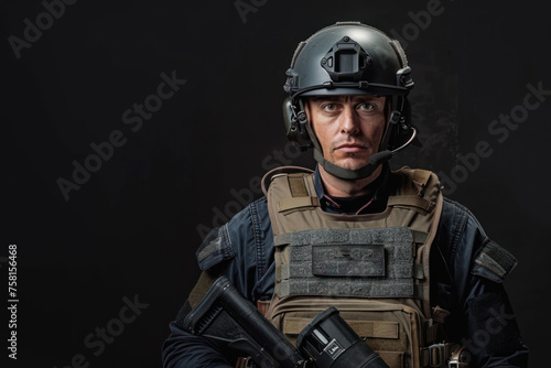 male journalist in a bulletproof vest and helmet