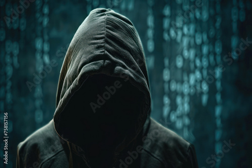 Anonymous binary code hacker under the jacket hood.