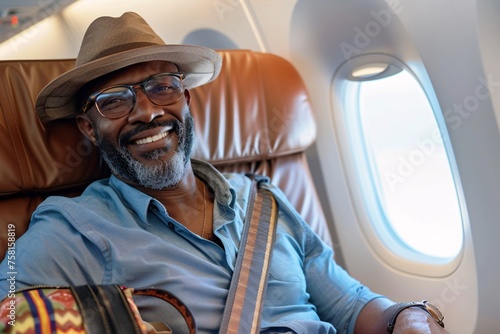 Black man with a satisfied smile, settling into his seat onboard the airplane, stowing his carry-on luggage in the overhead compartment and fastening his seatbelt