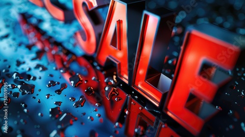 Red Sale sign on the mirror surface with raindrops. Black Friday discount concept. AI Generated