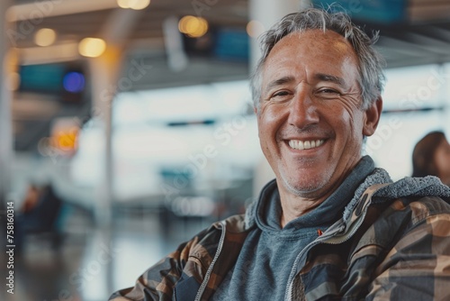 Adult man with a playful grin, engaging in a friendly game or competition with fellow travelers in the airport waiting area, adding a touch of camaraderie and fun to the pre-flight experience