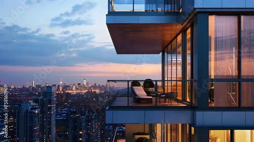 Modern New York City Apartment with Skyline View at Dusk - Minimalistic Interior and Balcony