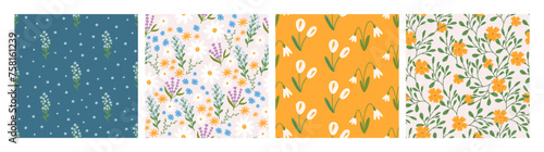 Set of spring floral patterns, flat vector illustration. Floral seamless patterns collection. Summer flower field or meadow. Background for textile or fabric print.