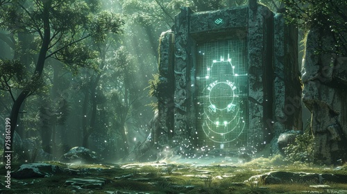In a world where technology meets magic, a discovery of a door with glowing runes, guarded by sleek, robotic sentinels