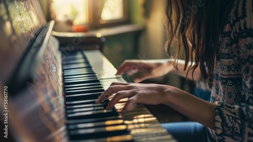 Caucasian woman elegantly pressing piano keys. Hands of girl playing piano at home. A woman practices playing a musical instrument.