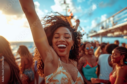 Black woman with a joyful expression, participating in a high-energy dance party on the deck of a cruise ship, as she moves to the rhythm of live music and DJs