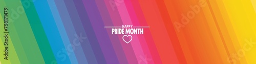 Pride Day themed rainbow gradient background with the text "HAPPY PRIDE MONTH" and an outline of heart in white on one side, rainbow gradient, pride flag colours, minimal design Generative AI