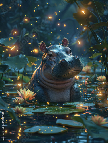 A tiny, enchanted pygmy hippo, surrounded by fireflies