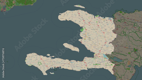 Haiti highlighted. OSM Topographic French style map