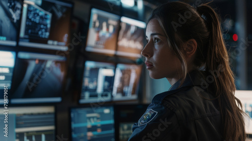 A focused professional woman monitors screens, enveloped in the quiet intensity of a control room.