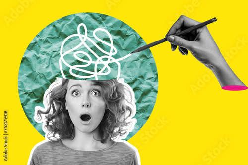 Modern collage illustration of a confused woman with a tangled brain