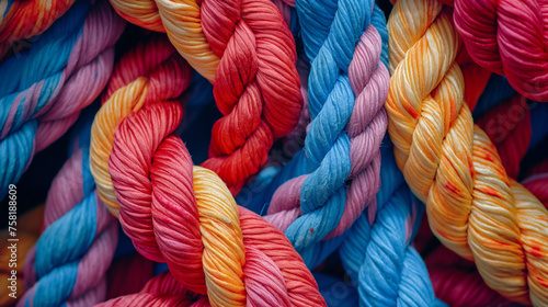 A colorful collection of ropes with a focus on the twist and texture representing strength and connection