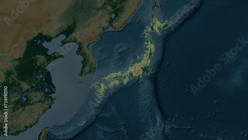 Japan highlighted. Physical elevation map
