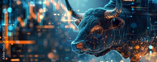 Detailed close-up of a bull with a backdrop of glowing cryptocurrency trade lines