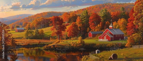 Idyllic vermont countryside panorama with rolling hills and colorful autumn foliage, usa