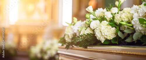 Elegant white floral arrangement adorns a coffin in a serene room, symbolizing farewell and grief juxtaposed with the beauty and peace of a final resting place