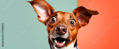 Wide-eyed dog with floppy ears against a split background of teal and coral, conveying surprise and playfulness, with vibrant contrasting colors