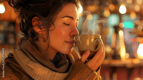 A curly-haired woman enjoys a warm cup of coffee in the golden light of a cozy café