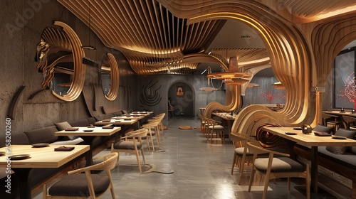 a modern restaurant with tables and chairs, in the style of contoured shading, dark gray and brown, suspended/hanging, japanese inspiration, sinuous lines, bryce