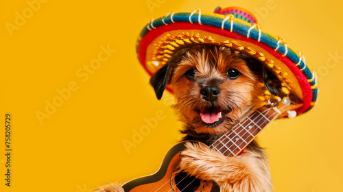 small red terrier dog in a Mexican traditional sombrero hat playing the guitar ukulele on a bright yellow orange background copy space Cinco De Mayo holiday Funny pets