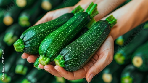 Hand holding zucchini with zucchini selection on blurred background, copy space available