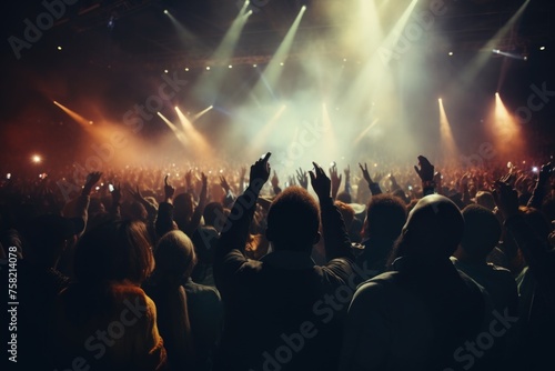 A lively concert crowd with hands in the air. Perfect for music events promotion